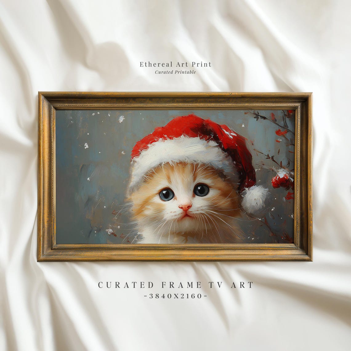 Cute Kitten In Santa Hat Painting Frame Tv Art Nursery Christmas Decor Vintage Baby Cat Oil Painting Frame Tv Xmas Screensaver
