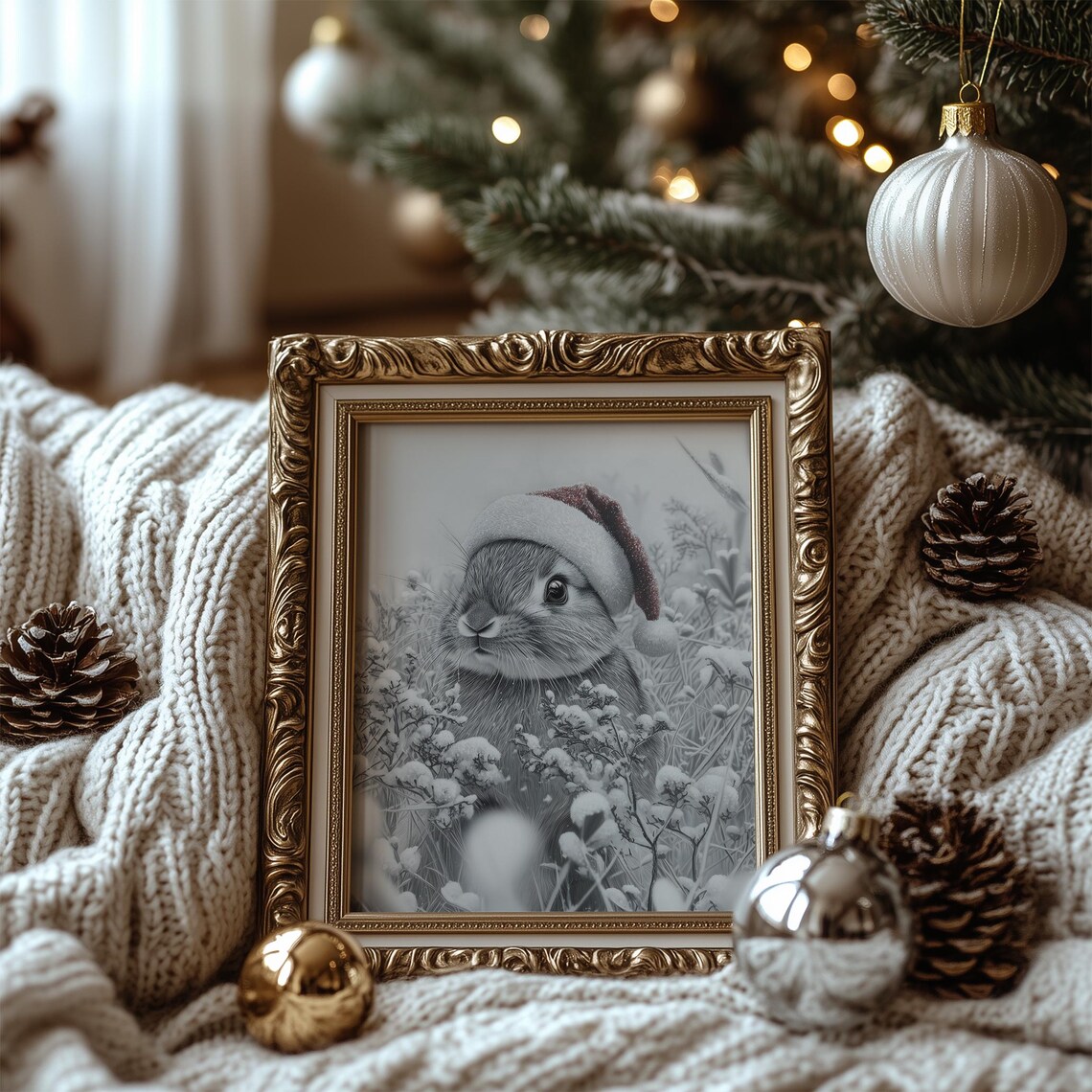 Baby Bunny Santa Hat Snowy Wildflower Sketch Winter Wall Art - Image 3