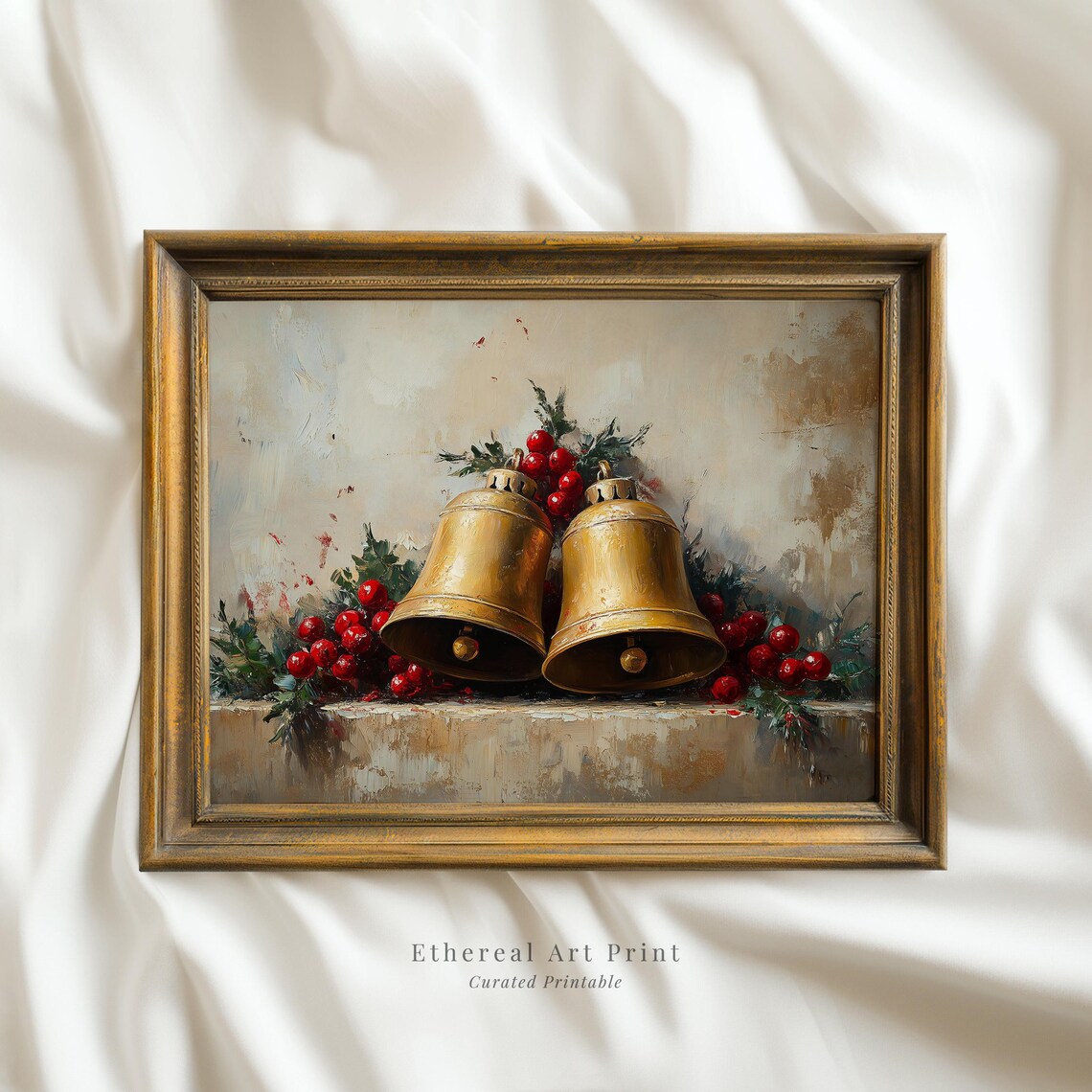 Vintage Gold Bells And Winter Berries Festive Holiday Art Print