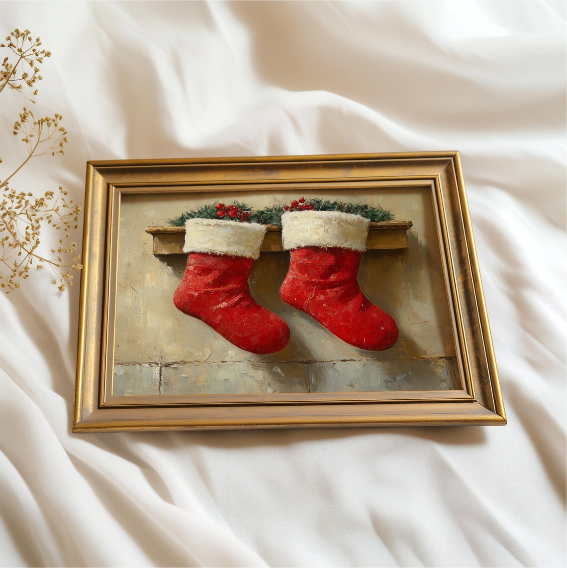 Classic Red Christmas Stockings With Fur Trim Holly Mantel Art Print - Image 2