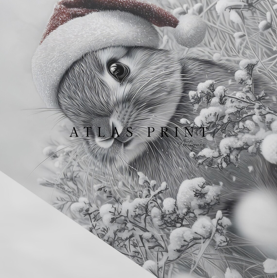 Baby Bunny Santa Hat Snowy Wildflower Sketch Winter Wall Art - Image 4