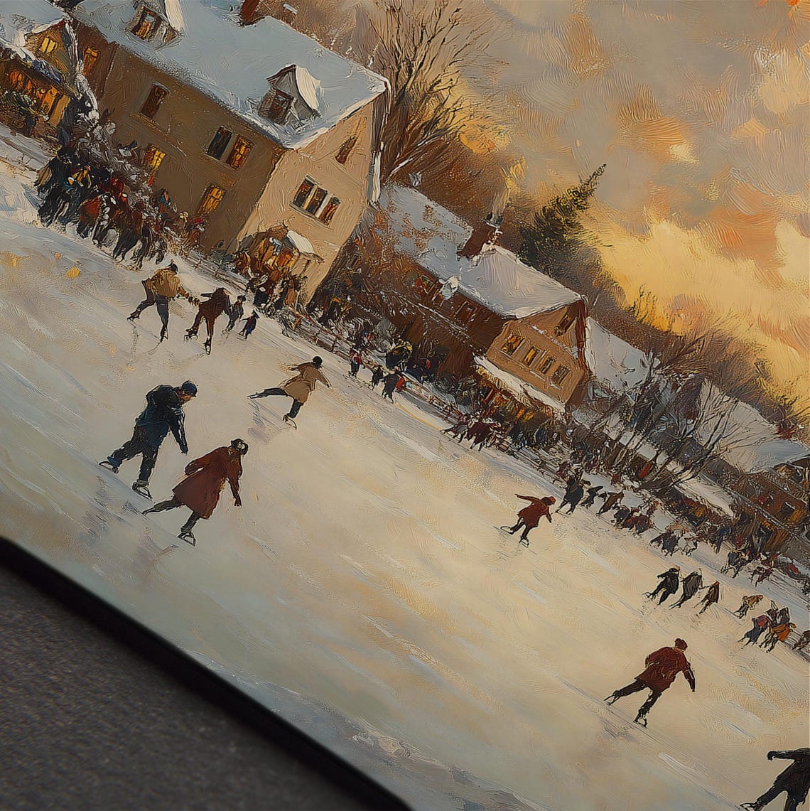 Winter Village Ice Skating At Sunset Vintage Holiday Scene Print - Image 4