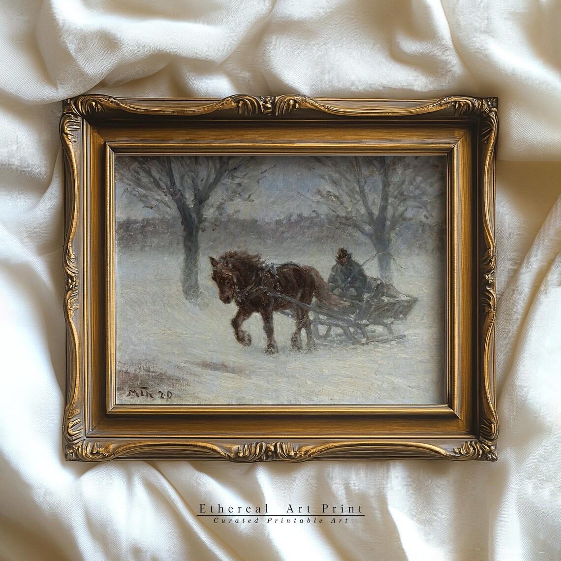 Horse Drawn Sleigh In Snowy Blizzard Vintage Winter Art Painting - Image 2