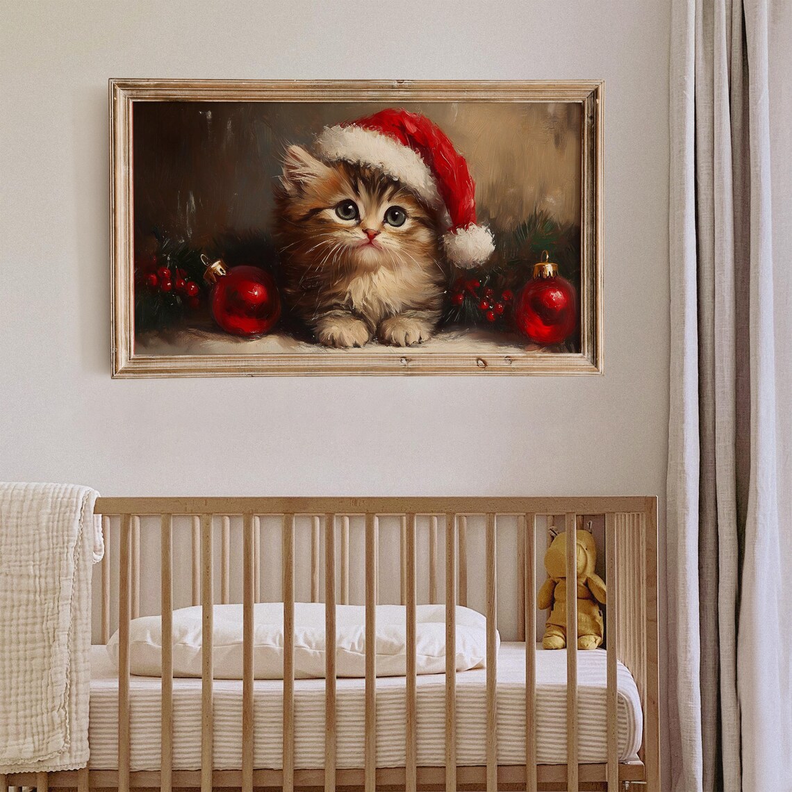 Adorable Tabby Kitten Santa Hat Red Ornaments Christmas Wall Art - Image 4