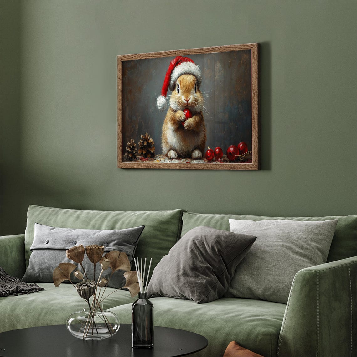 Cute Bunny Santa Hat Holding Ornament Christmas Holiday Wall Art - Image 2