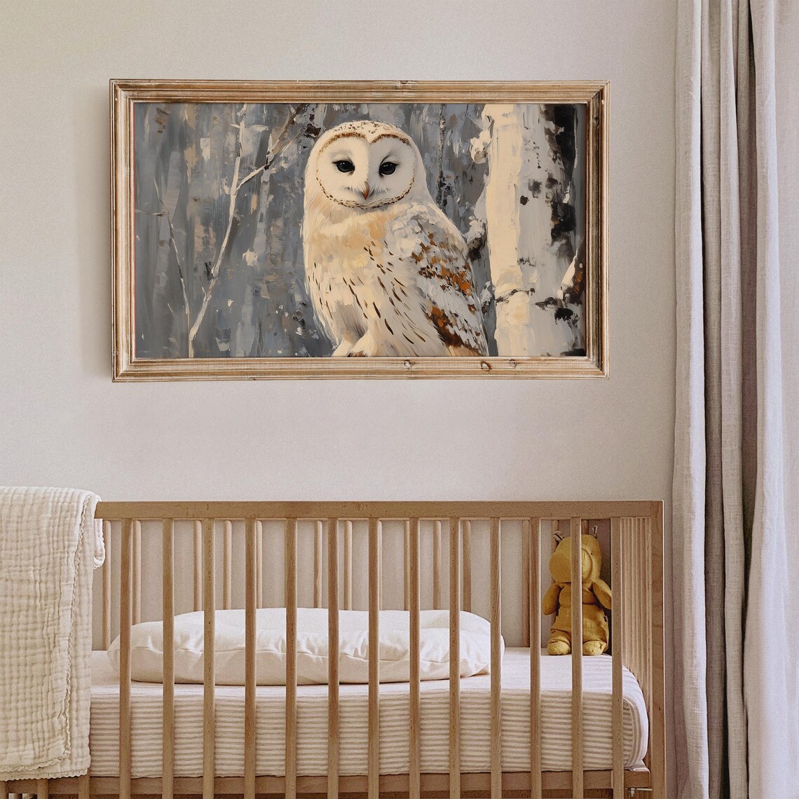 Serene White Owl Snowy Birch Forest Winter Wildlife Portrait Print - Image 4
