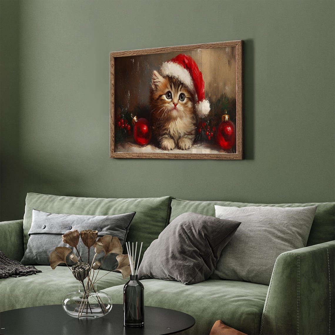 Adorable Tabby Kitten Santa Hat Red Ornaments Christmas Wall Art - Image 3