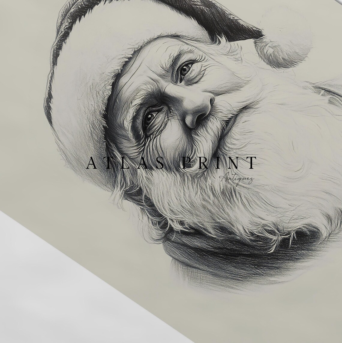 Santa Claus Portrait Pencil Sketch Neutral Christmas Drawing Wall Art - Image 4