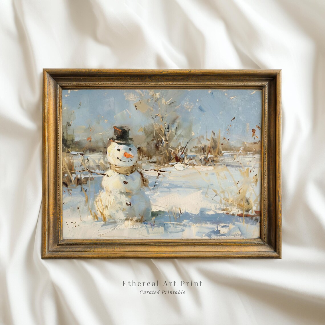 Cheerful Snowman Snowy Meadow Impressionist Winter Painting Print