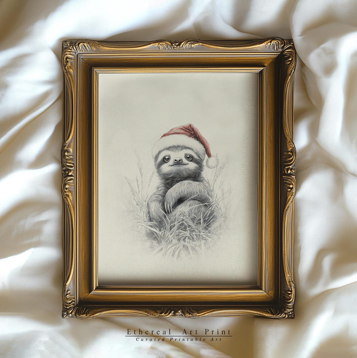 Cute Baby Sloth With Santa Hat Sketch Neutral Christmas Nursery Wall Decor Vintage Winter Wall Art Sloth Drawing Prints - Image 2
