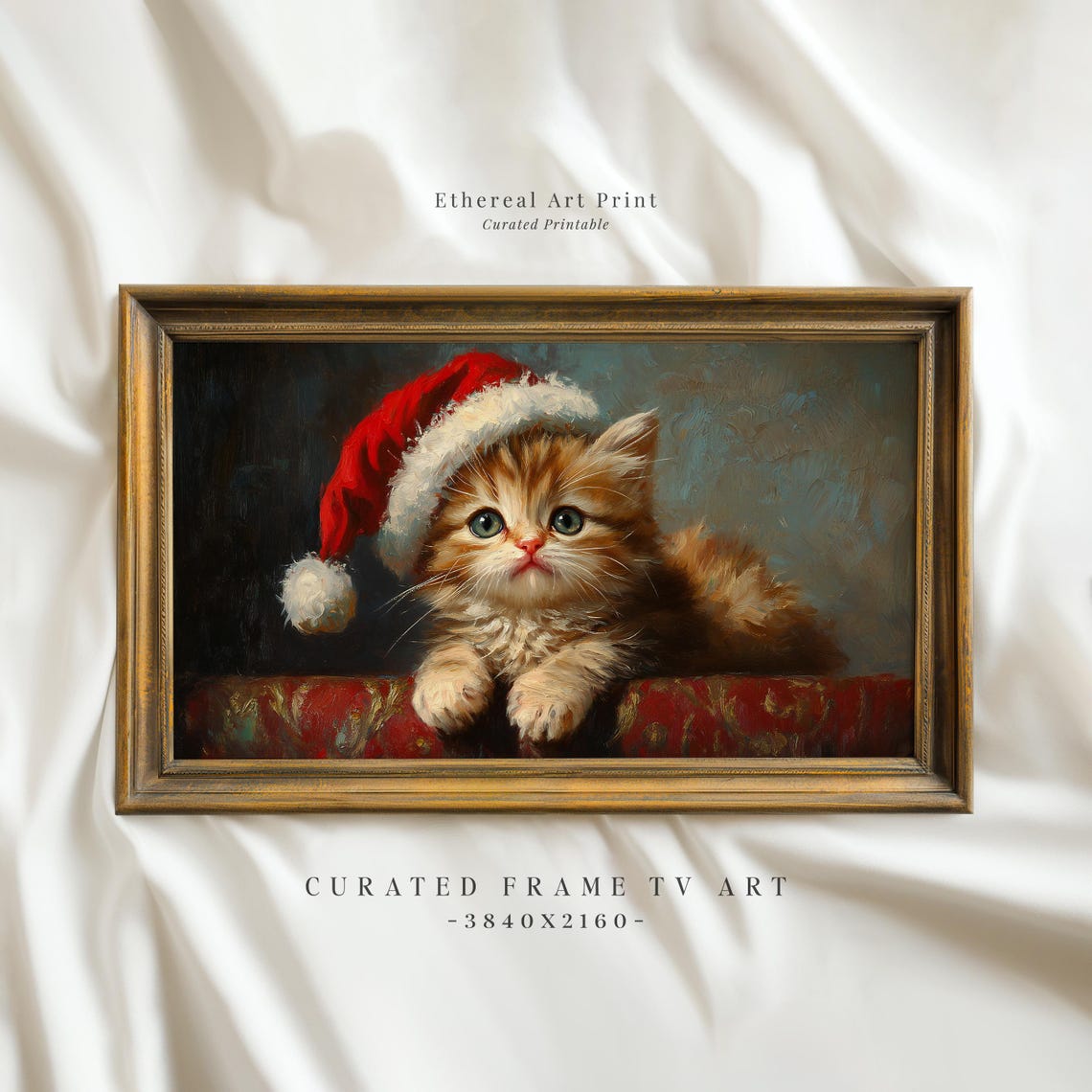 Fluffy Tabby Kitten Red Santa Hat Christmas Vintage Painting Print