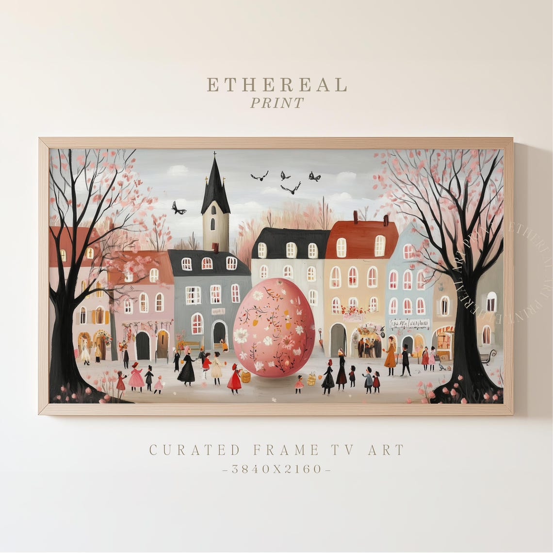 European Town Square With Giant Pink Easter Egg Festival Art Print