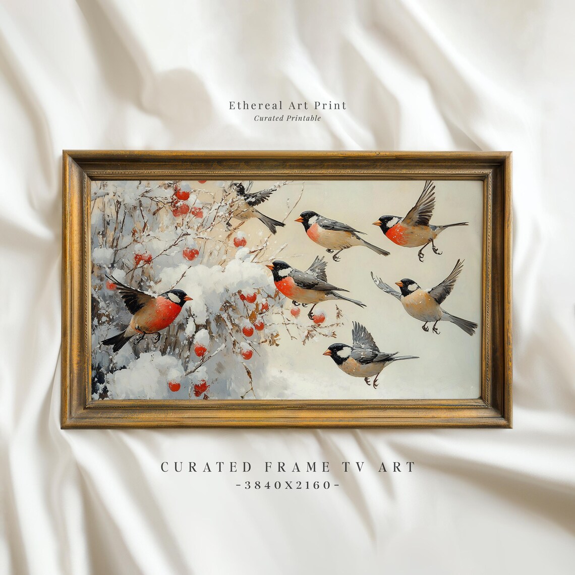 Winter Birds On Snowy Red Berry Bush Vintage Painting Wall Art