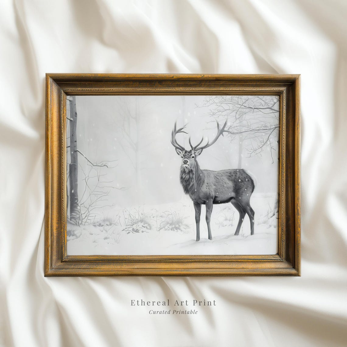 Noble Stag Standing In Snow Forest Monochrome Sketch Winter Print