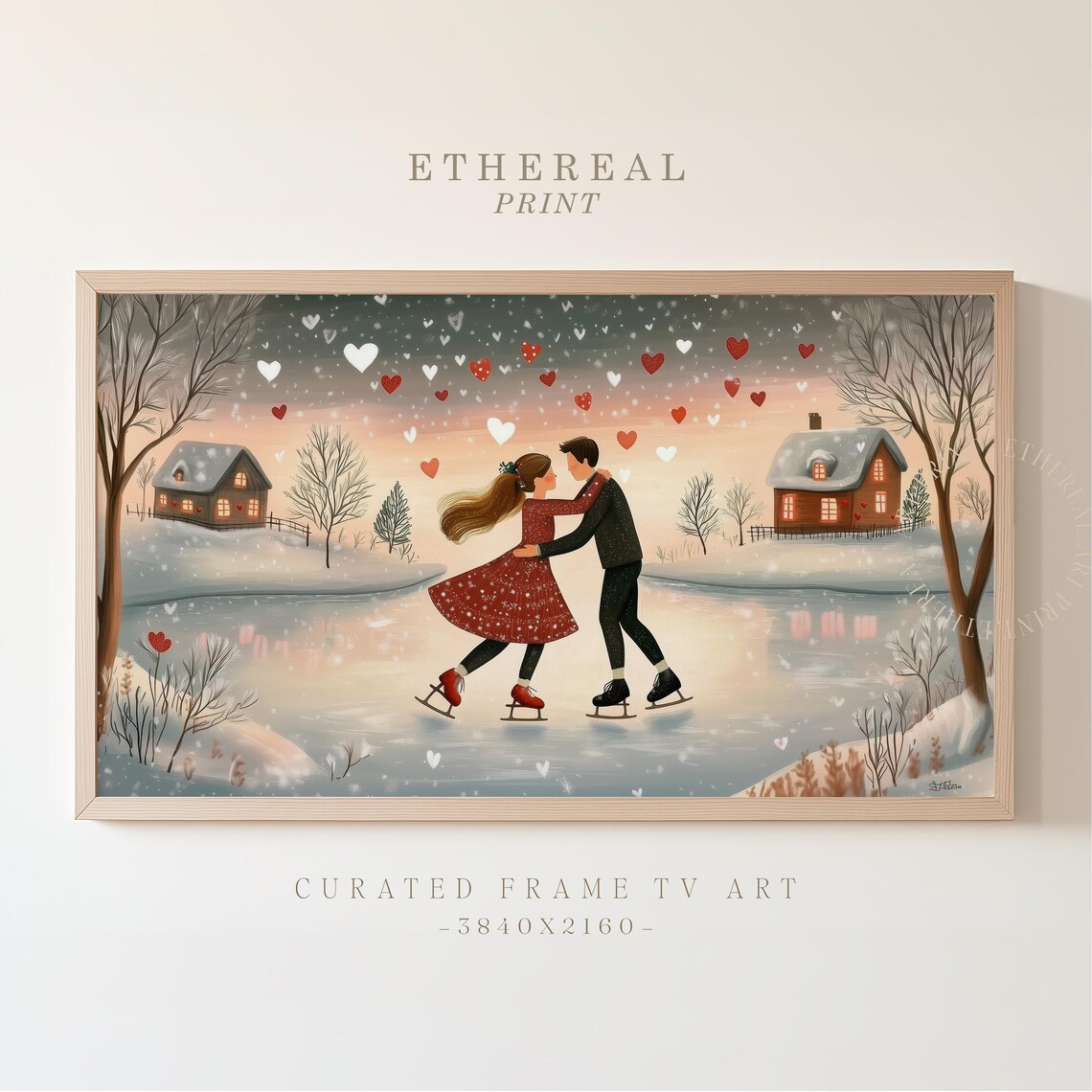 Sweethearts Skating Under Falling Hearts Valentines Tv Art Print
