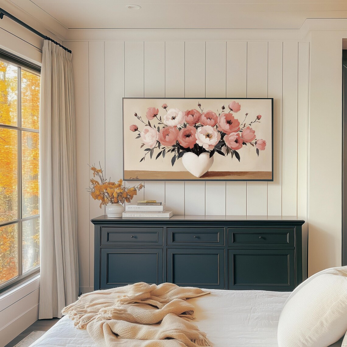 Coral Pink Peonies In White Heart Vase Botanical Painting Wall Art - Image 2