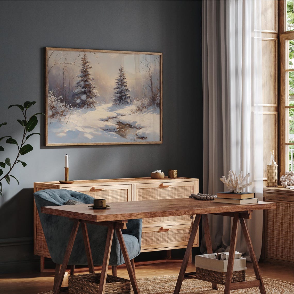 Snowy Pine Trees Frozen Creek Winter Morning Landscape Wall Art - Image 2