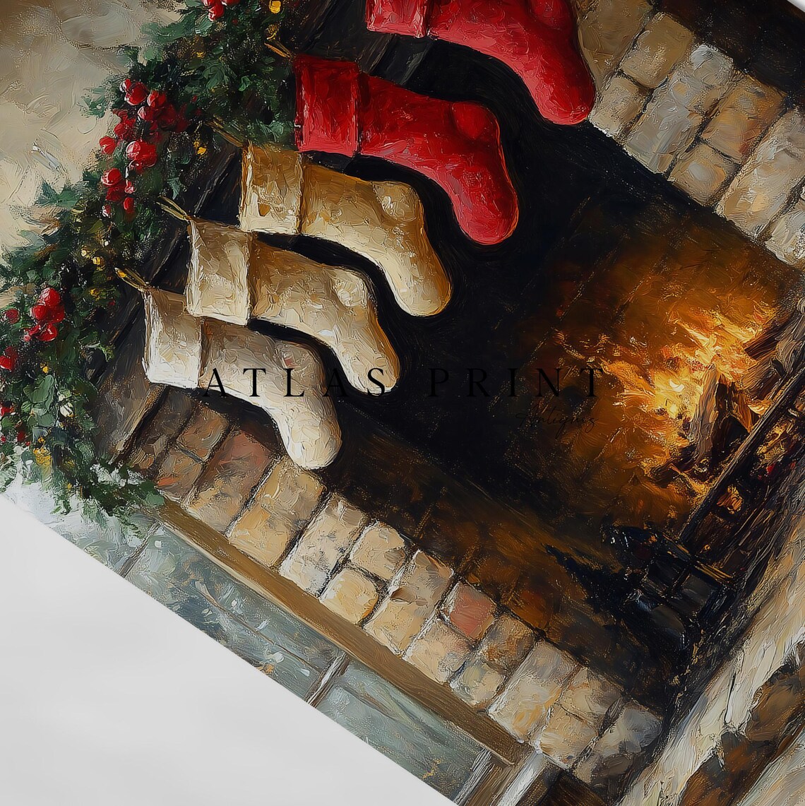 Christmas Stockings Hanging Over Cozy Fireplace Oil Painting Poster - Image 4