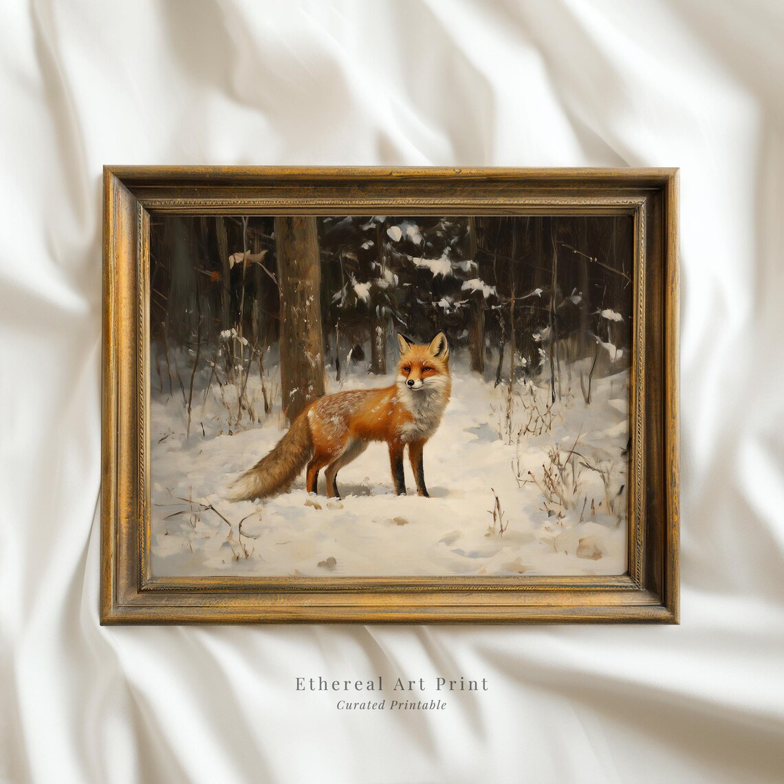 Red Fox Snowy Dark Woodland Winter Oil Painting Animal Wall Art