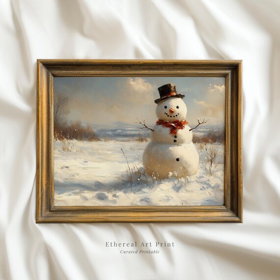 Vintage Christmas Snowman Print Neutral Winter Snowy Landscape Wall Decor Moody Snowman Oil Painting Art Holiday Prints