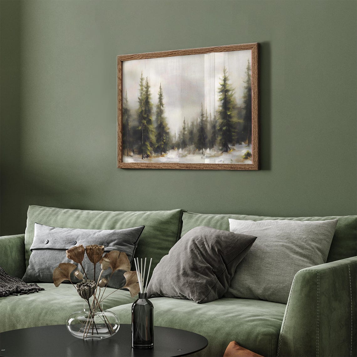 Misty Evergreen Forest Winter Snow Vintage Landscape Wall Art - Image 4