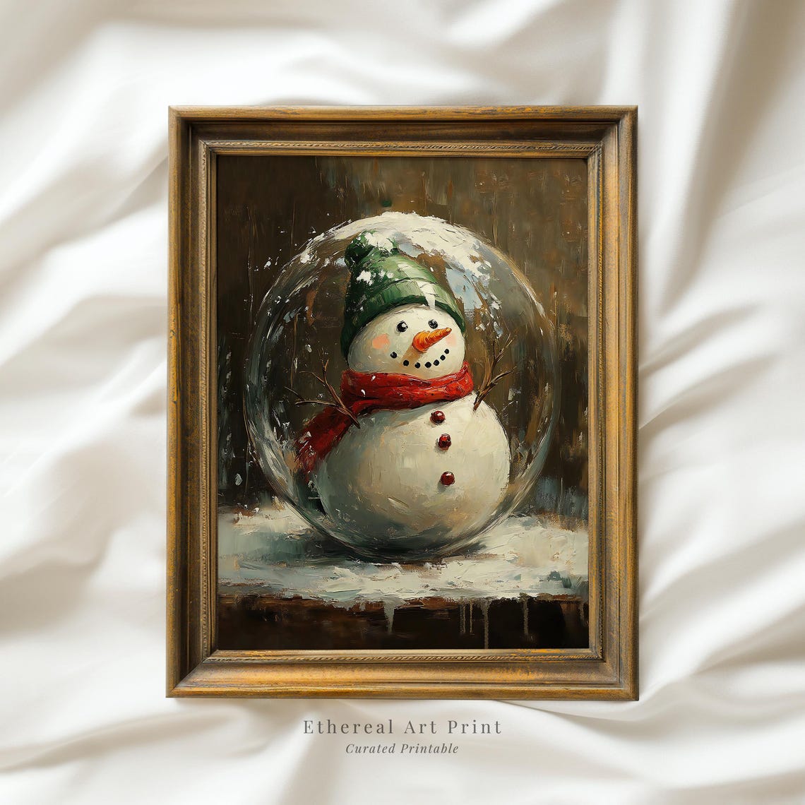 Vintage Snowman in Snow Globe Oil Painting Festive Christmas Print