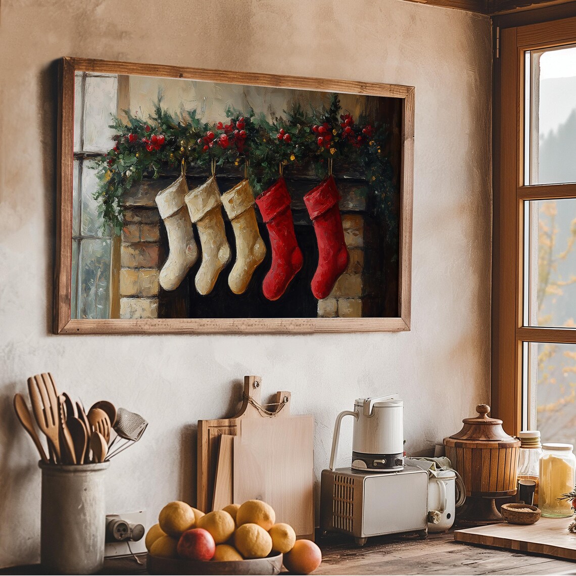 Christmas Stockings On Fireplace Mantel Garland Painting Wall Art - Image 2
