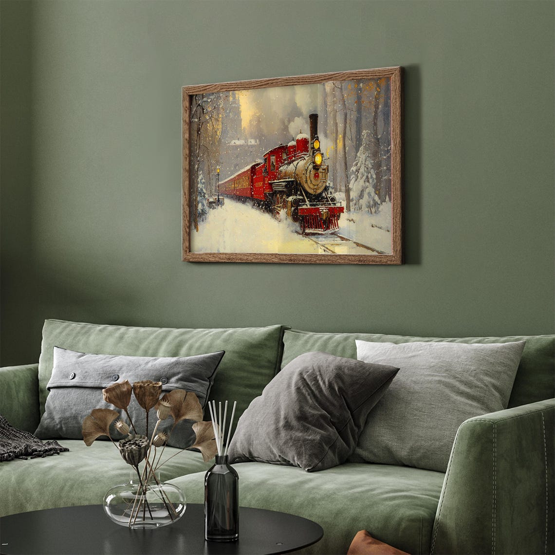 Classic Red Steam Train Snowy Forest Christmas Holiday Wall Art - Image 2