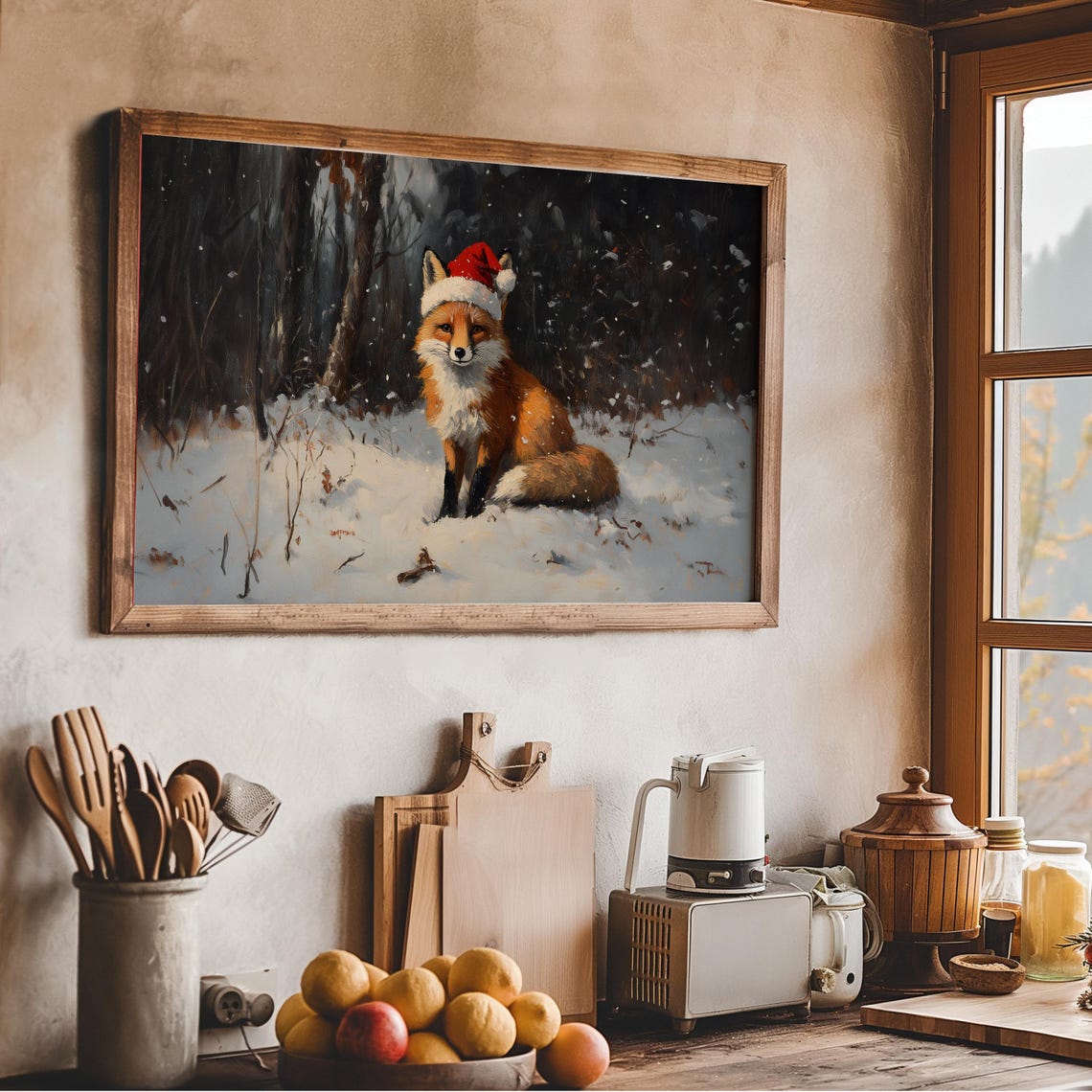 Red Fox Santa Hat Snowy Winter Forest Christmas Animal Wall Art - Image 4