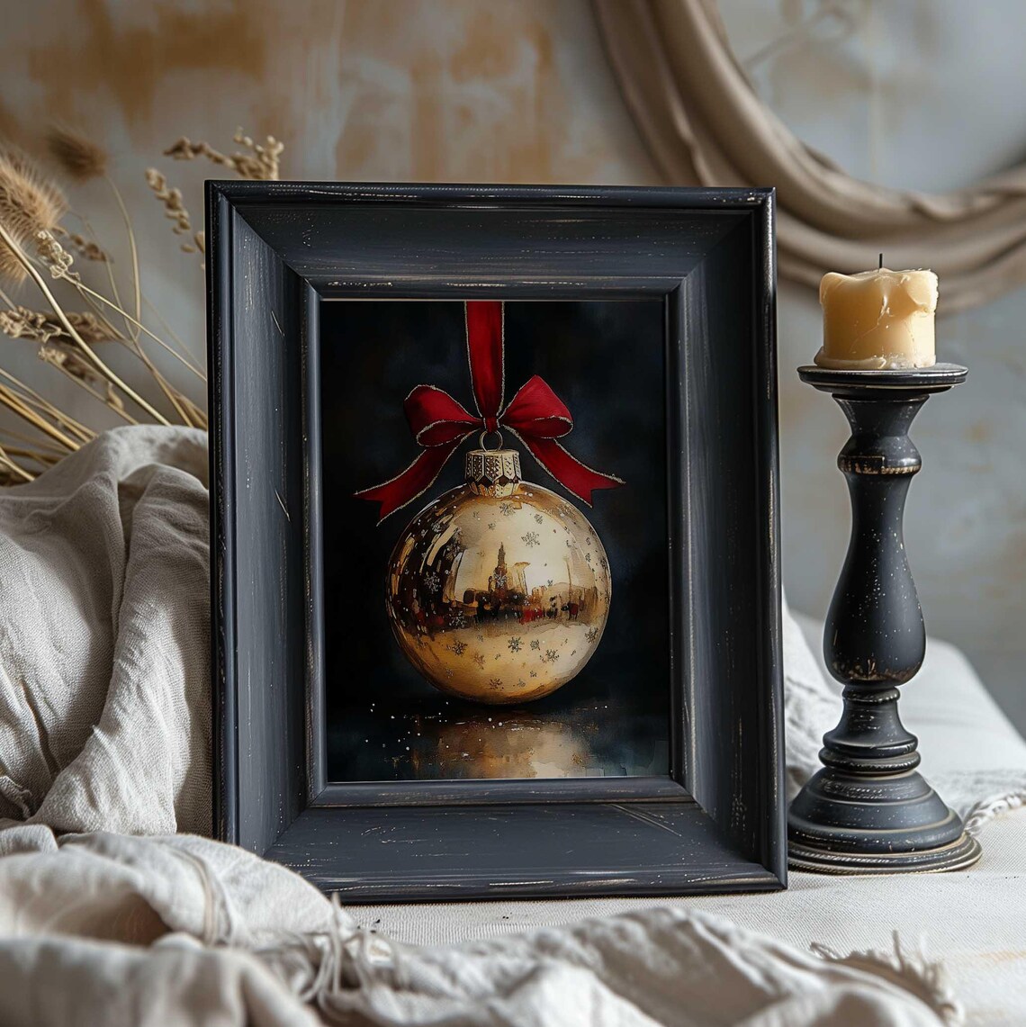 Gold Christmas Ornament With Red Ribbon Festive Ball Painting Print - Image 3