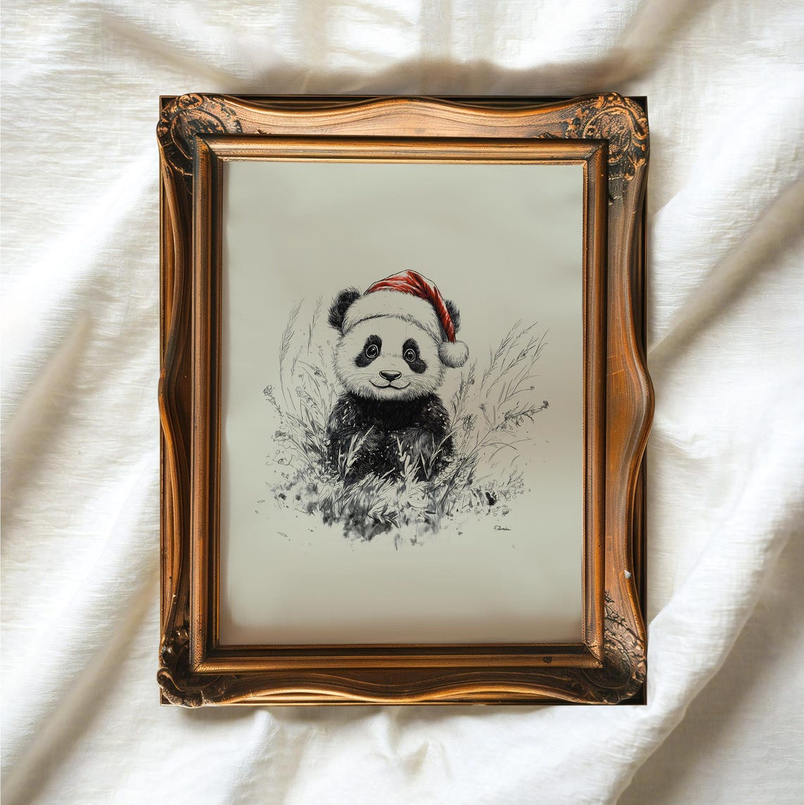 Cute Baby Panda With Santa Hat Sketch Neutral Christmas Nursery Wall Decor Vintage Winter Wall Art Panda Drawing Prints - Image 2