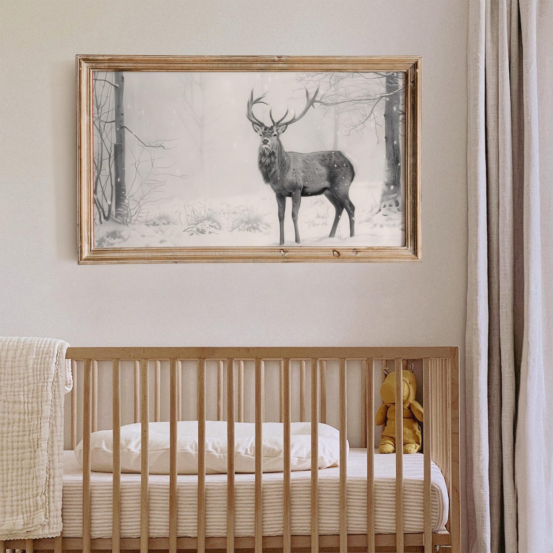 Majestic Stag Snowy Forest Charcoal Sketch Winter Landscape Print - Image 2