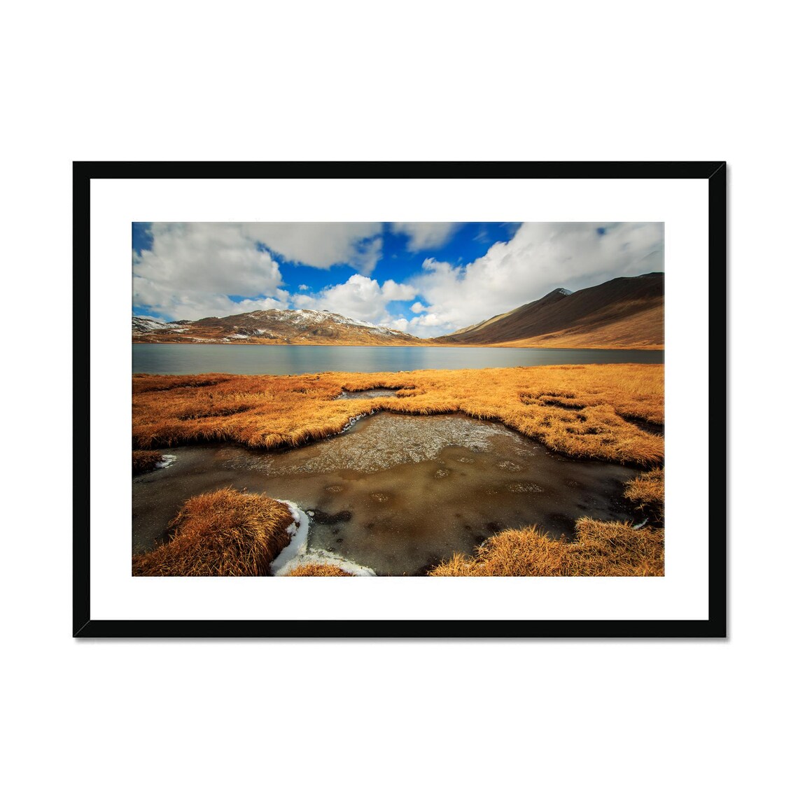 Frozen Lake Golden Meadow Mountain Landscape Photography Poster