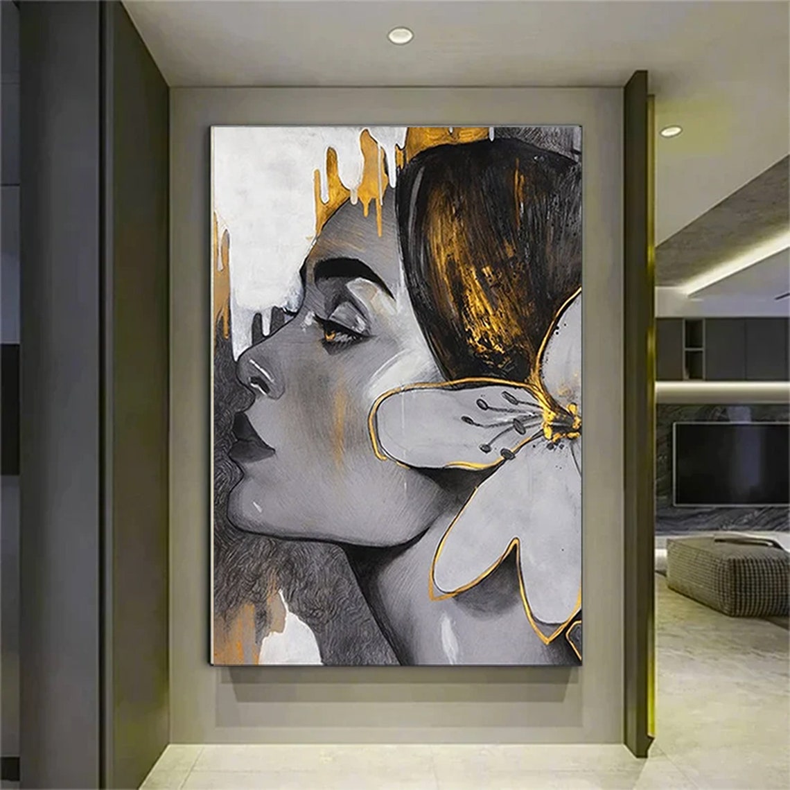 Gray Gold Woman Profile With White Flower Abstract Luxury Poster