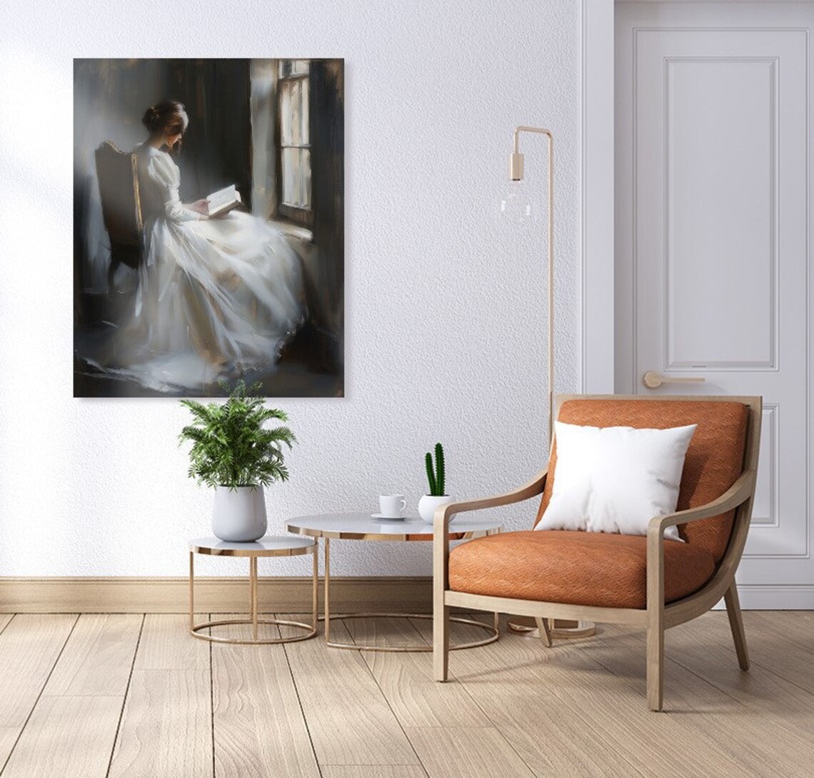 Woman Reading By Window In White Gown Vintage Oil Painting Poster - Image 3