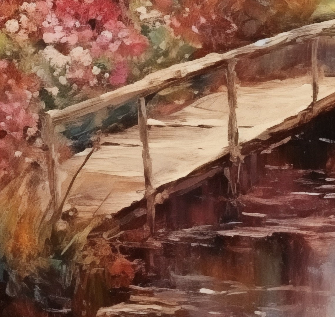 Romantic Wooden Footbridge Flowering Stream Antique Nature Poster - Image 6