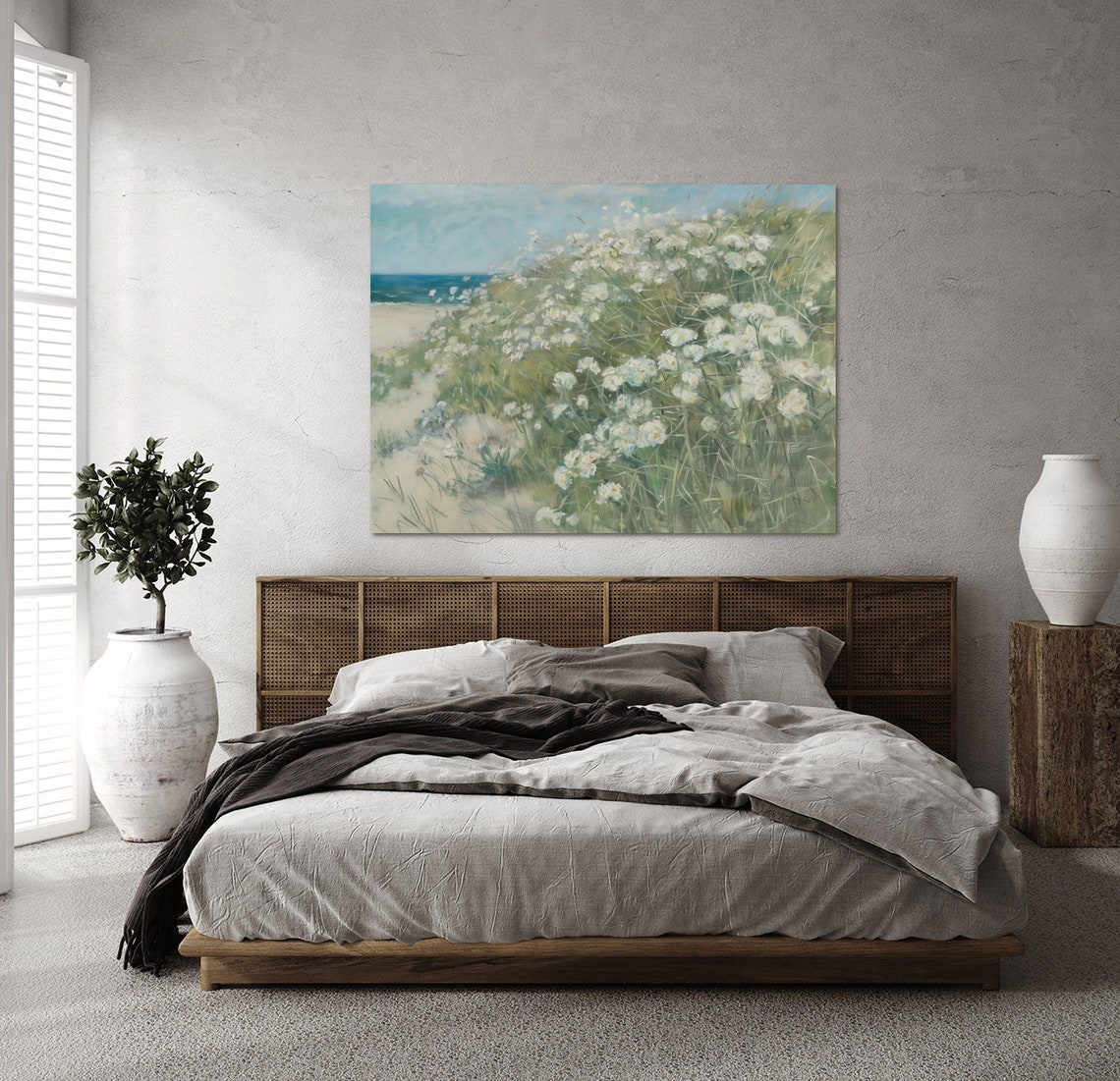White Wildflowers On Coastal Sand Dunes Breezy Seascape Art Poster - Image 2