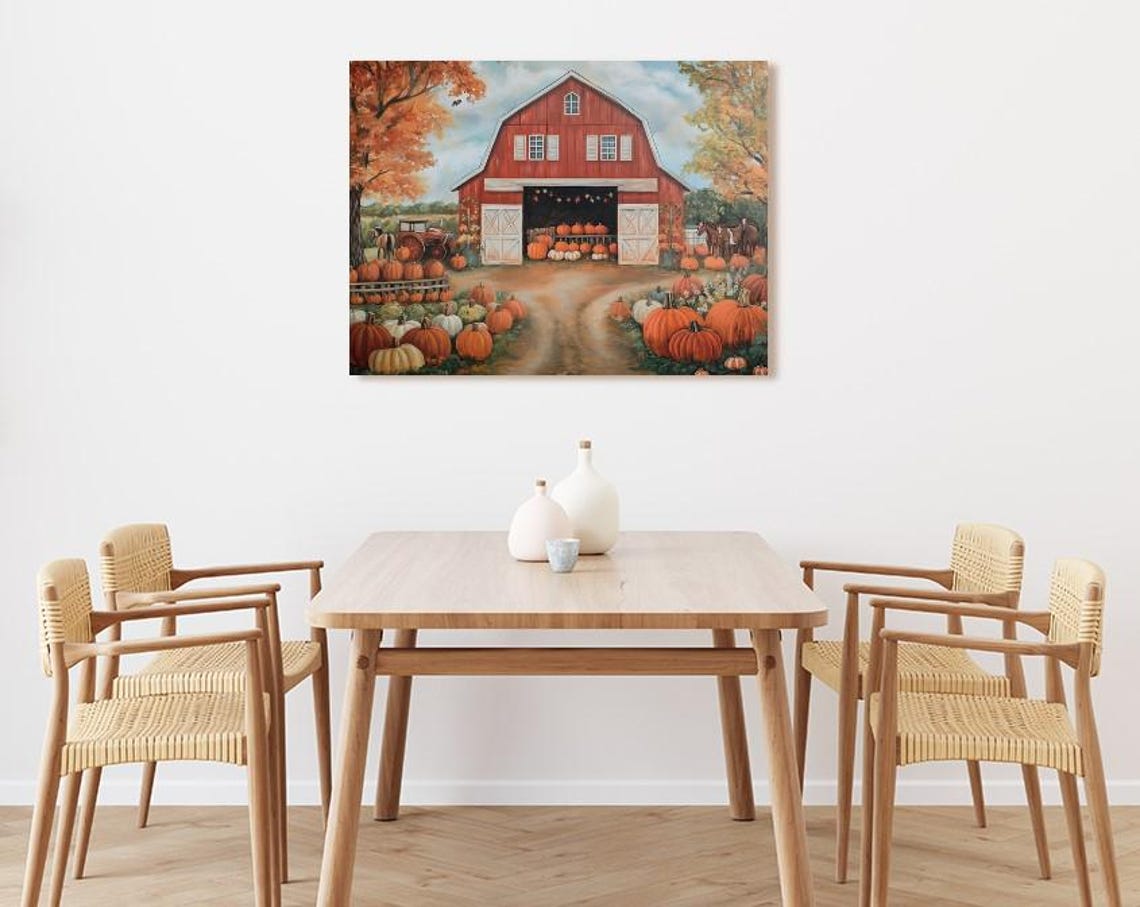 Autumn Farm Scene Red Barn Pumpkins Tractor Horses Painting Poster - Image 2