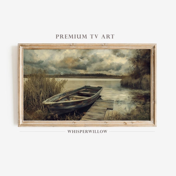 Frame Tv Art Moody Lake Waters Painting Picturesque Boat Nature Landscape Outdoors Wall Decor