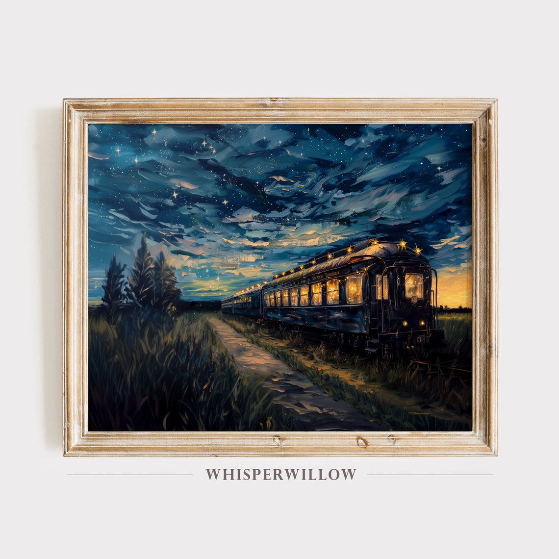 Glowing Vintage Train Parked Beneath a Starry Night Sky Poster