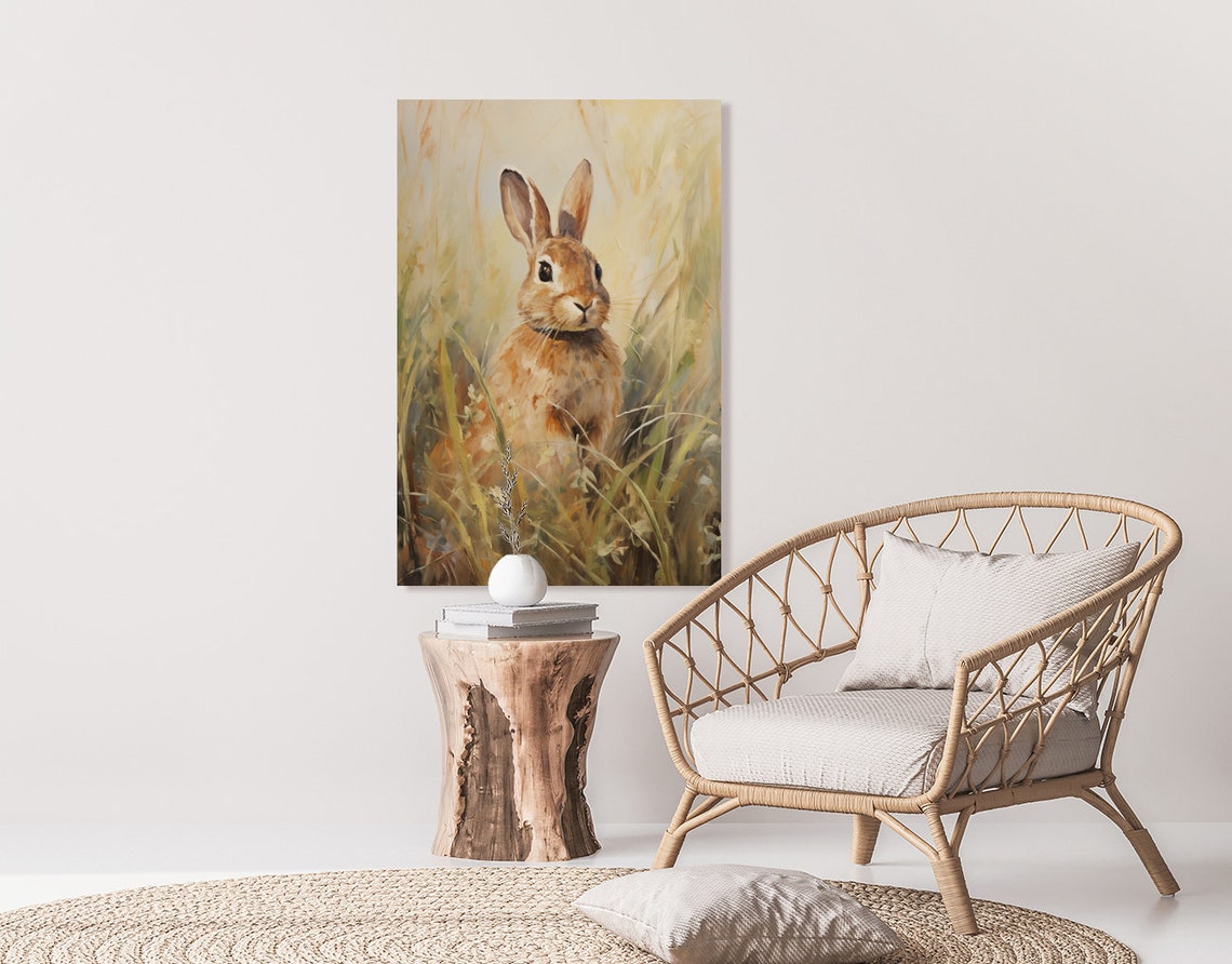 Curious Spring Bunny Oil Painting Cute Easter Rabbit Wall Art - Image 2