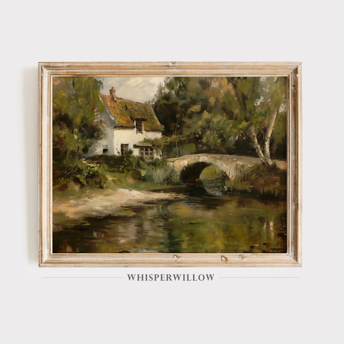 Thatched Cottage By River With Stone Bridge Vintage Landscape Poster