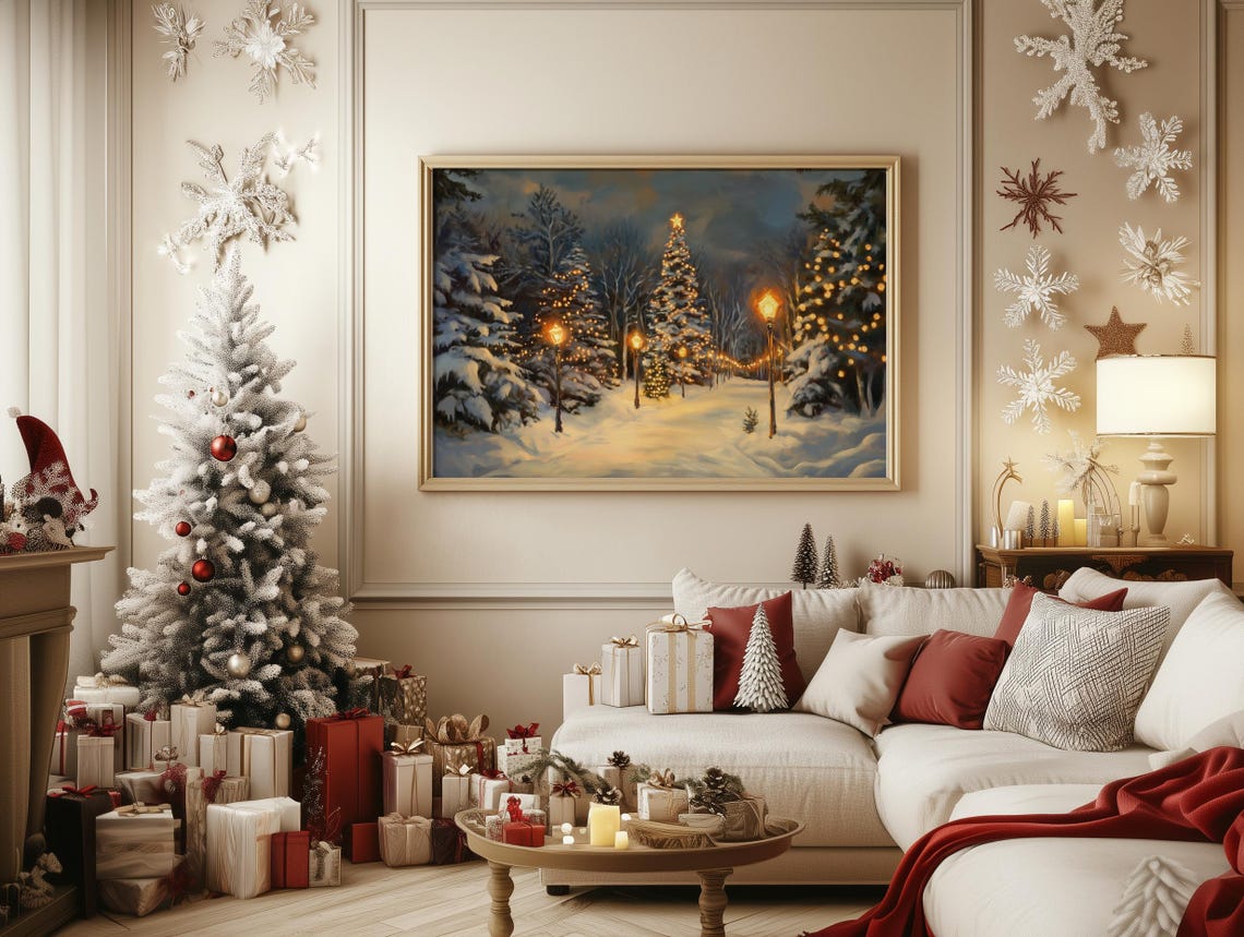 Snowy Christmas Park with Glowing Lit Trees on a Winter Night Poster - Image 4