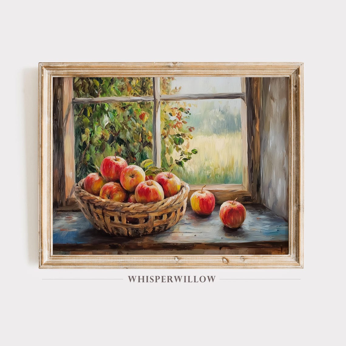 Rustic Apple Basket on Farmhouse Windowsill Autumn Harvest Poster