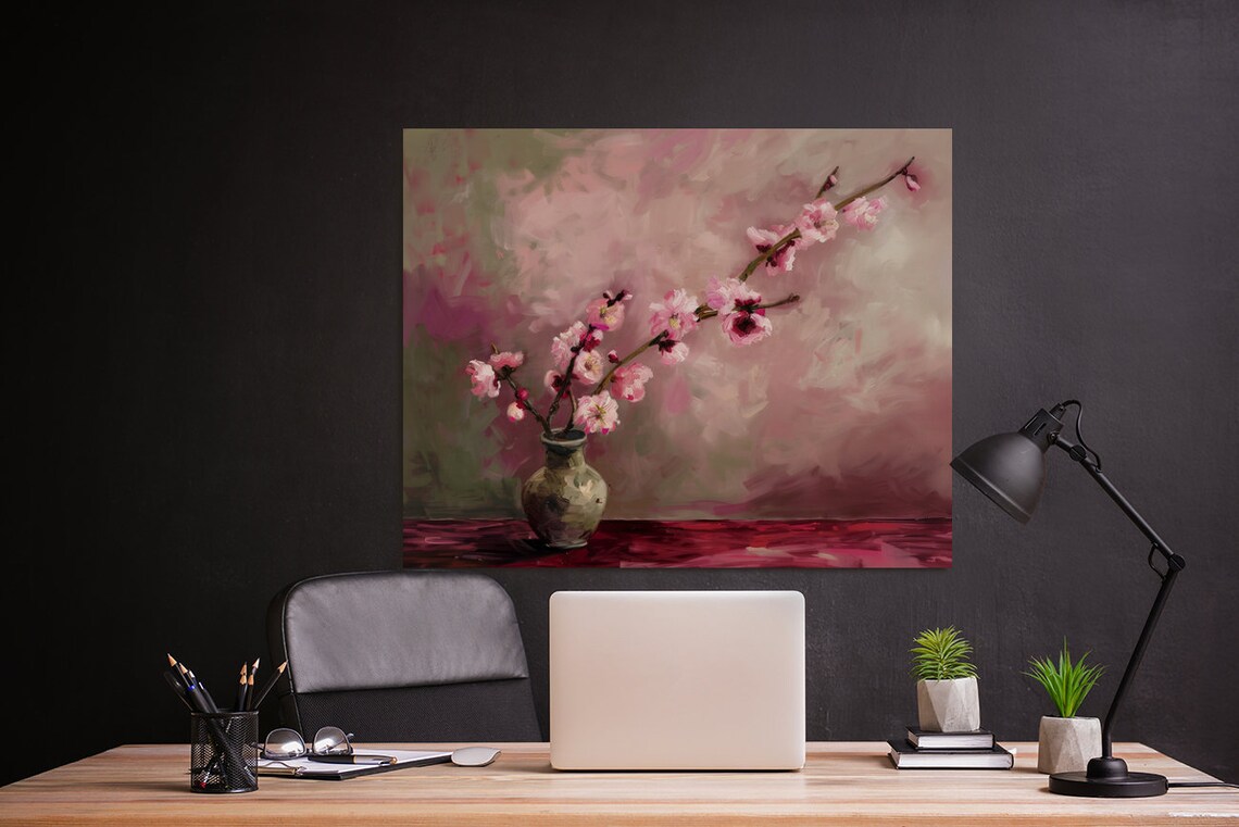 Pink Cherry Blossom Branch In Vase Soft Spring Oil Painting Poster - Image 3