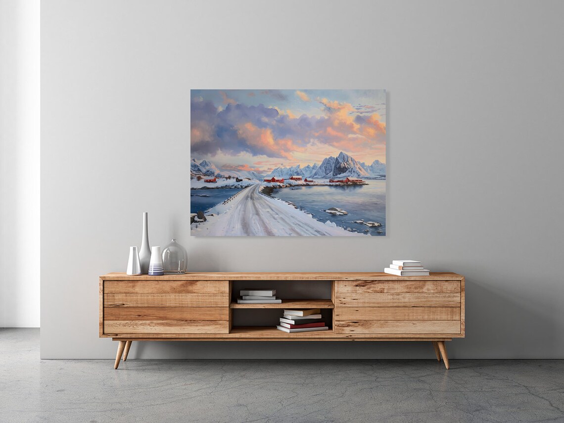 Snowy Norwegian Fjord Village At Sunset Winter Landscape Art Poster - Image 4