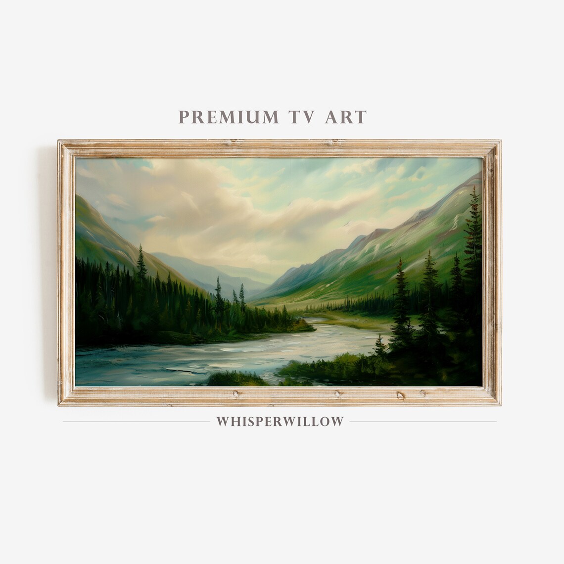 Mountain River Valley Evergreen Forest Misty Landscape Oil Poster