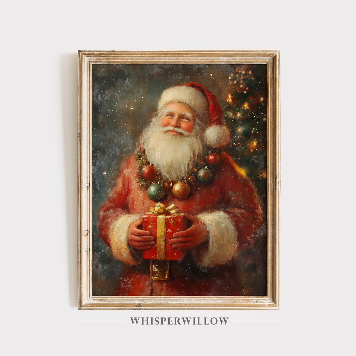 Jolly Santa Claus Holding Gift Vintage Style Christmas Painting Poster