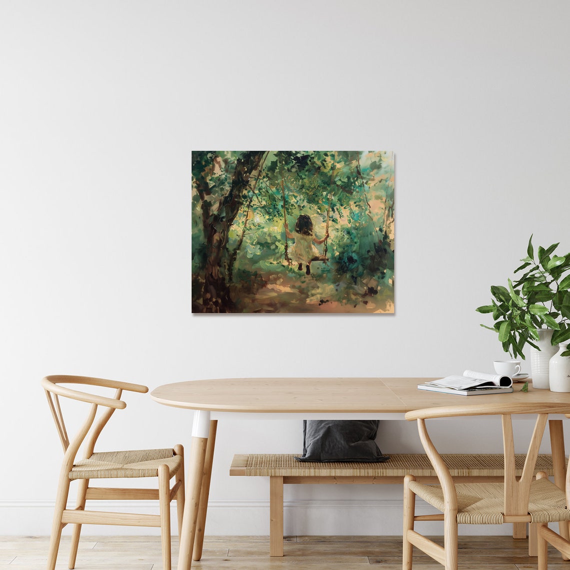 Little Girl on a Tree Swing in a Sunlit Forest Painting Poster - Image 3
