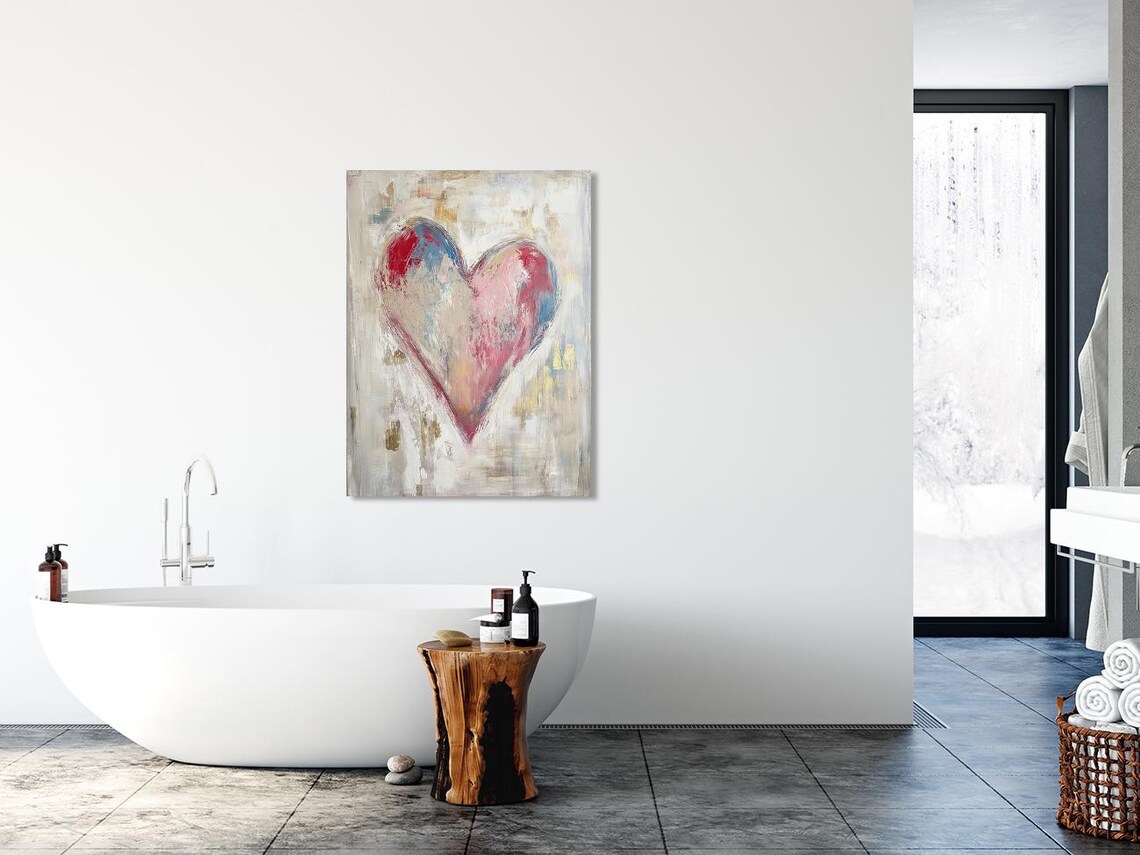 Large Textured Painted Heart in Pink Blue and Cream Art Poster - Image 3